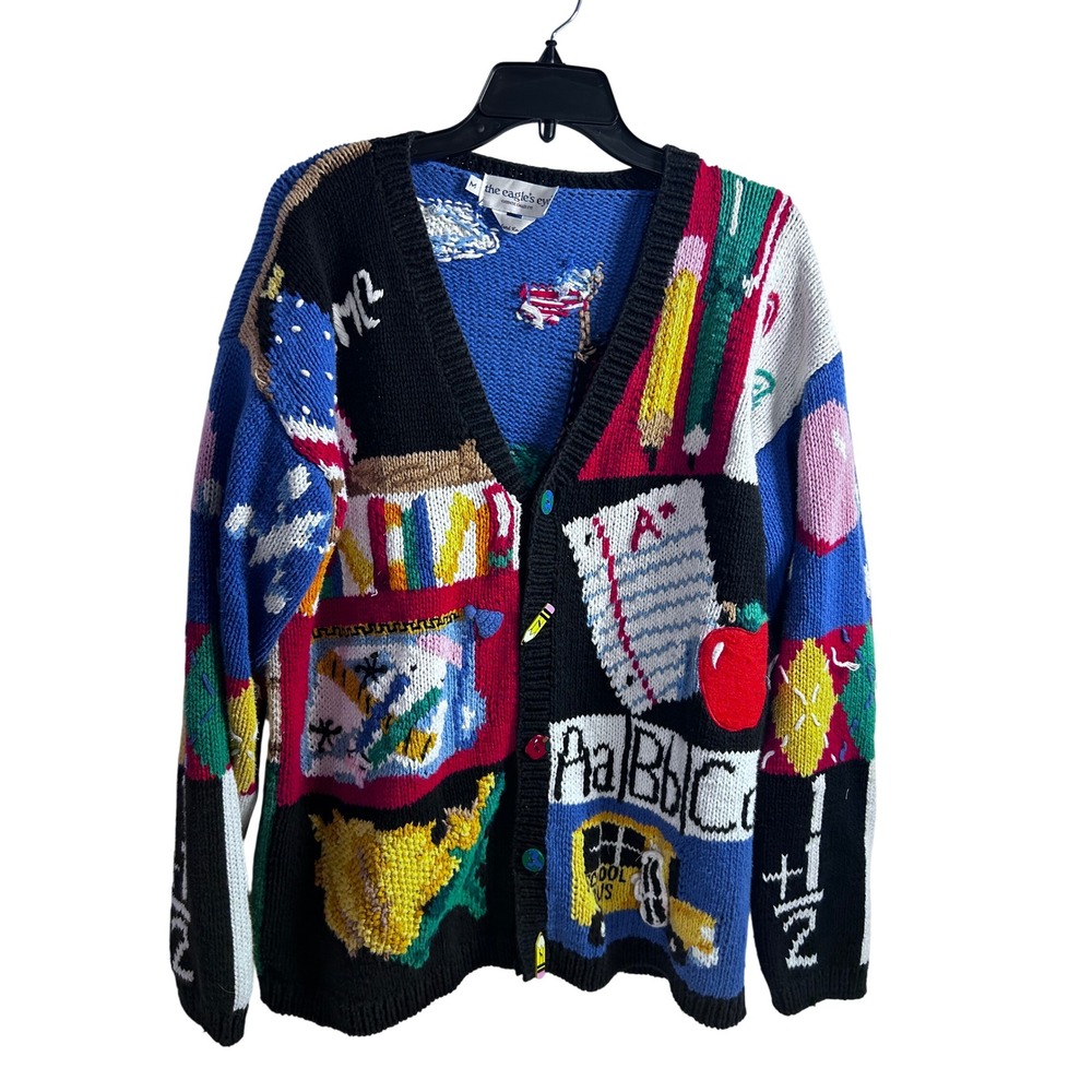 The Eagle's Eye Cardigan M Multi Color Back to School Novelty Knit Women